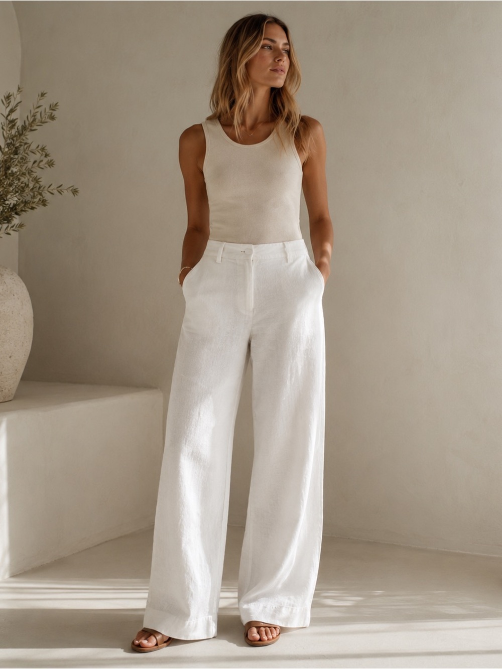 Vintage Y2K Old Navy 100% Linen Wide Leg Pants White Size 4 Lined